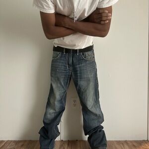 ✪  David Buffalo Bitton Faded Distressed Blue Jeans - Wide Leg Size 36 x 32